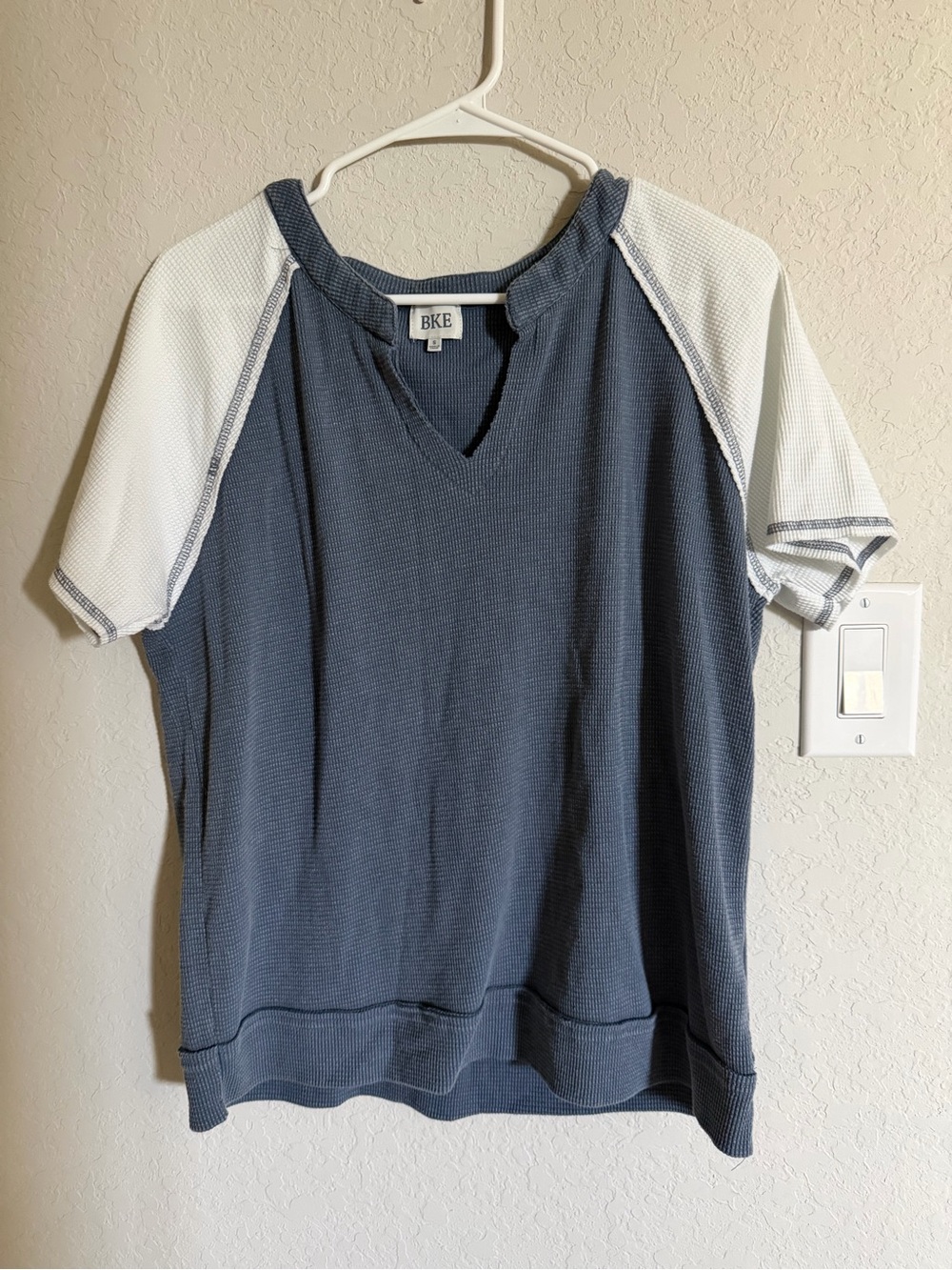 BKE Navy Blue Short Sleeve Waffle Knit Top with White Raglan Sleeves